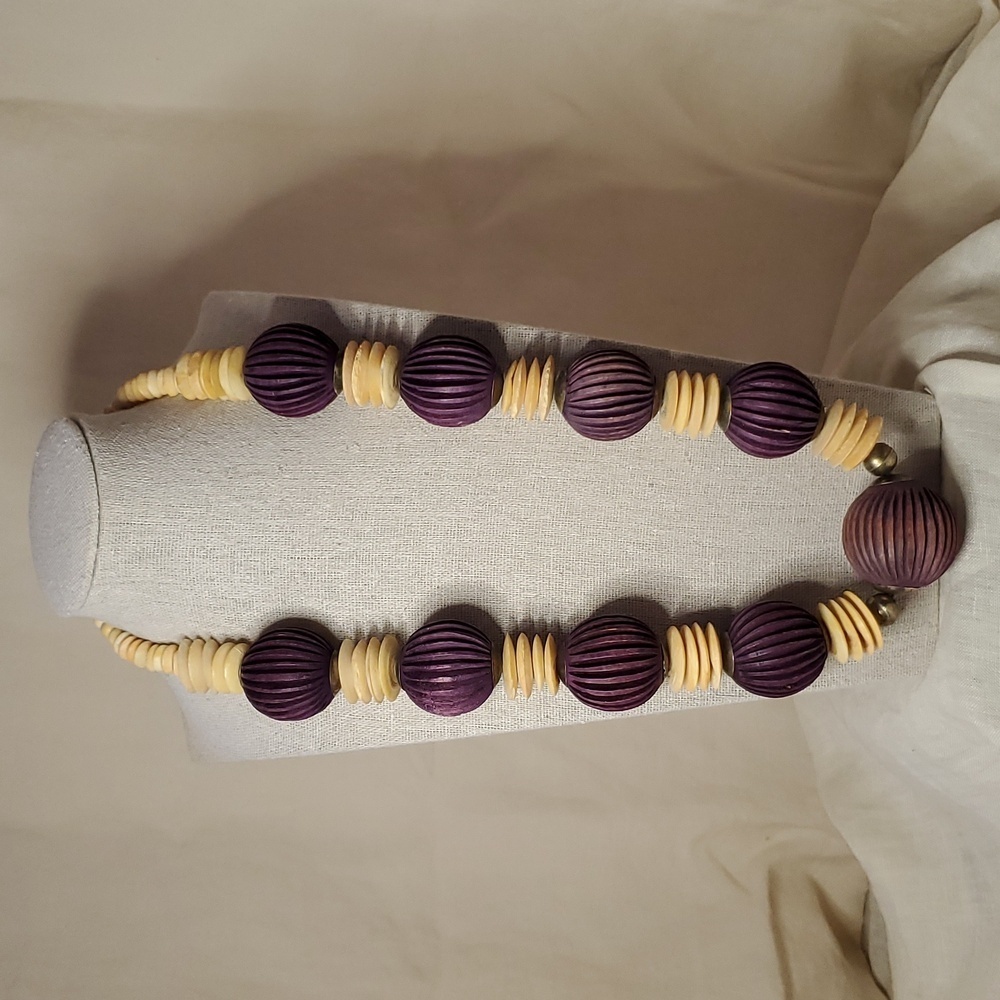 Vintage Wood, Bone, and Sterling Statement Tribal Necklace